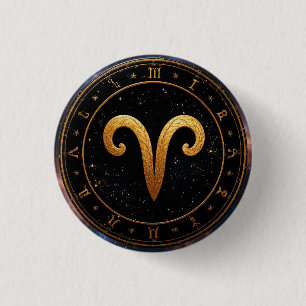 Chapa Redonda De 2,5 Cm Símbolo de la rueda zodiacal de Aries dorado