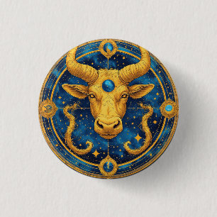 Chapa Redonda De 2,5 Cm Símbolo de Tauro Dorado en Círculo Azul