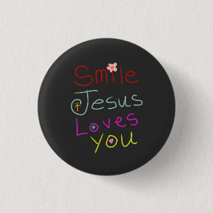 Chapa Redonda De 2,5 Cm ‘Sonríe Jesús te Ama’ Escritura Colorida