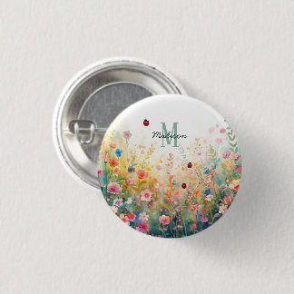Chapa Redonda De 2,5 Cm Spring Watercolor ladybug Floral Monogram Wildflow