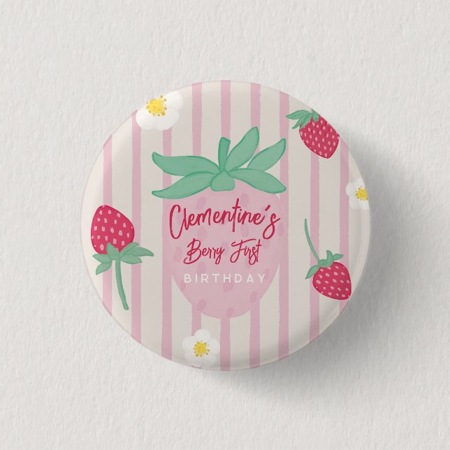Chapa Redonda De 2,5 Cm Strawberry Berry First Birthday  (Anverso)