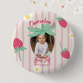 Chapa Redonda De 2,5 Cm Strawberry Berry First Birthday Button with Photo