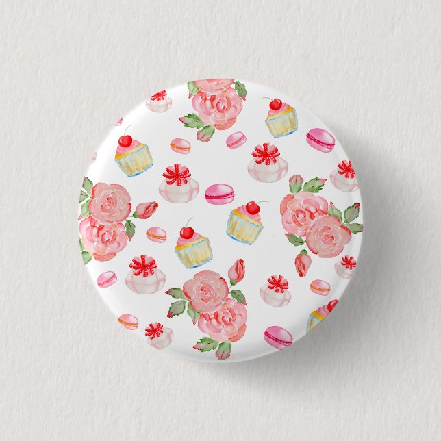 Chapa Redonda De 2,5 Cm Sweet cakes and roses in watercolour (Anverso)