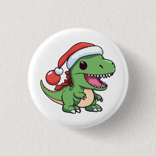 Chapa Redonda De 2,5 Cm T-Rex Dinosaur Kawaii con Sombrero de Navidad