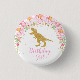 Chapa Redonda De 2,5 Cm T-Rex Floral Dinosaur Chica de cumpleaños invitado