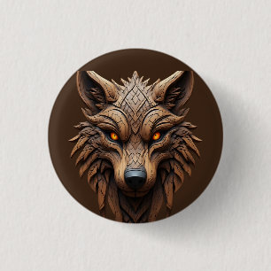 Chapa Redonda De 2,5 Cm Talla de arte de lobo de madera con patrones geomé