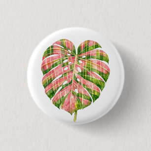 Chapa Redonda De 2,5 Cm Tartan rosa escocés Monstera acuarela botánico