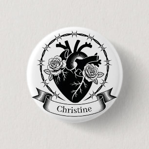 Chapa Redonda De 2,5 Cm Tatuaje de Corazón Anatómico: Diseño en Blanco y N