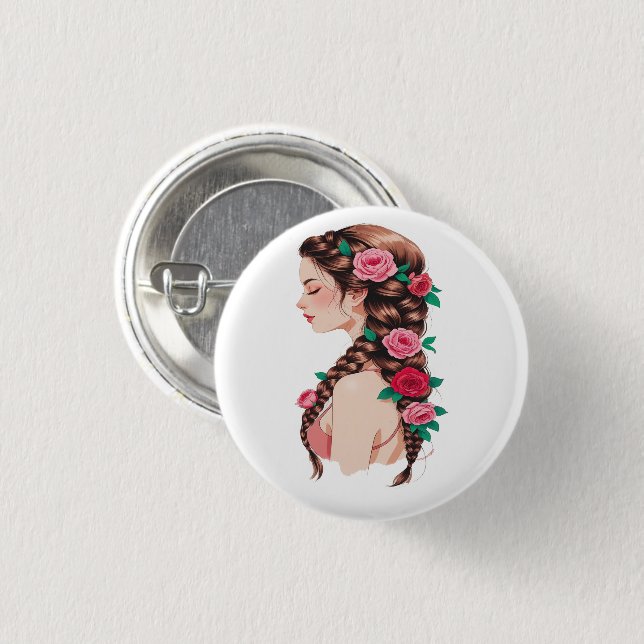 Chapa Redonda De 2,5 Cm Tee floral de pelo trenzado para mujeres (Anverso y reverso)