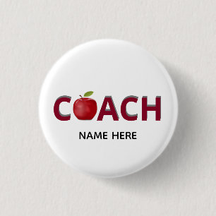 Chapa Redonda De 2,5 Cm Texto de Coach en burdeos con manzana roja