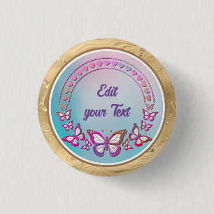 Chapa Redonda De 2,5 Cm Texto personalizado, mariposas y monograma de cora