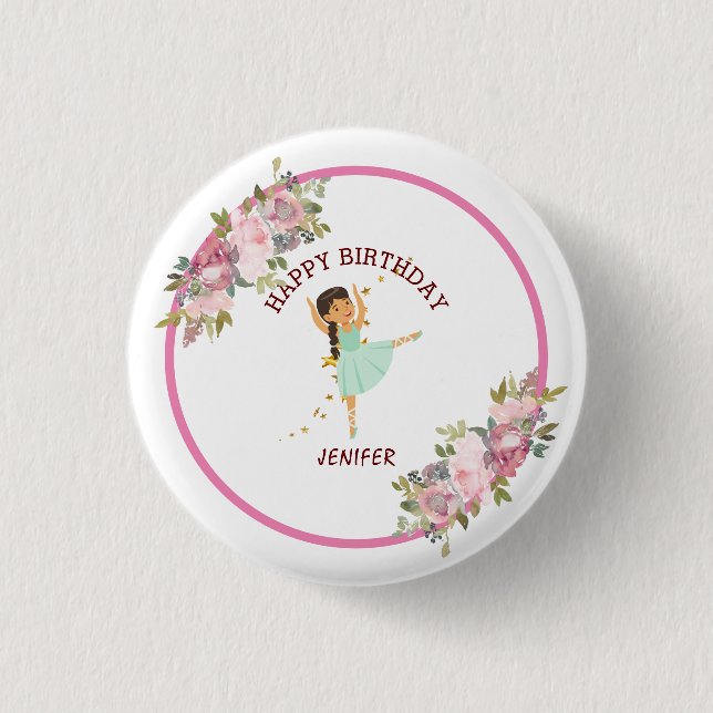 Chapa Redonda De 2,5 Cm Tiny Dancer | Pink Floral Ballet Birthday Party (Anverso)