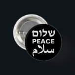 Chapa Redonda De 2,5 Cm Tipografía en blanco y negro de Peace Shalom Salaa<br><div class="desc">Botón de tipografía moderna en blanco y negro de Peace Shalom Salaam. Paz en inglés,  hebreo y árabe. Texto blanco sobre fondo negro.</div>