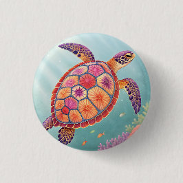 Chapa Redonda De 2,5 Cm Tortuga Marina Floral Colorida Bajo el Océano