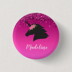 Chapa Redonda De 2,5 Cm Unicornio personalizado de Purpurina de goteo rosa