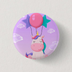 Chapa Redonda De 2,5 Cm Unicornio Sentado y Globos Lila Adorable
