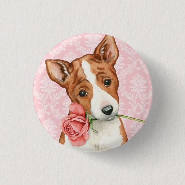 Chapa Redonda De 2,5 Cm Valentine Rosa Basenji (Anverso)