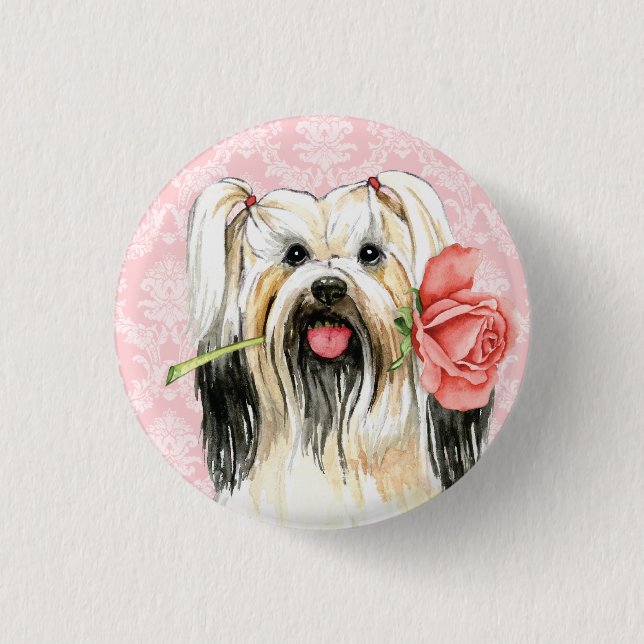 Chapa Redonda De 2,5 Cm Valentine Rosa Lhasa Apso (Anverso)