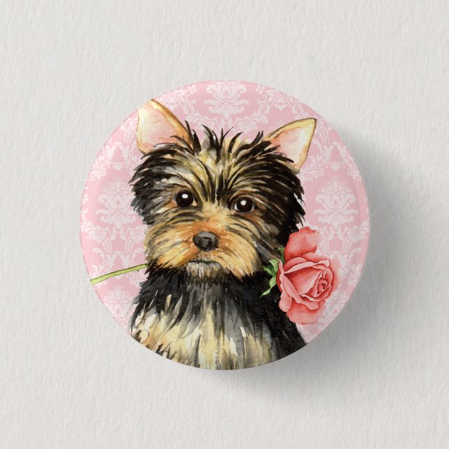 Chapa Redonda De 2,5 Cm Valentine Rosa Yorkie (Anverso)