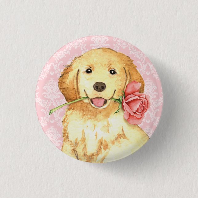 Chapa Redonda De 2,5 Cm Valentine Rose Golden Retriever (Anverso)
