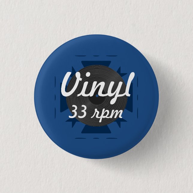 Chapa Redonda De 2,5 Cm Vinilo 33 RPM, azul/blanco/gris (Anverso)