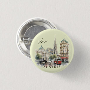 Chapa Redonda De 2,5 Cm Vintage Watercolor Vienna Austria Tram & Cathedral