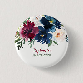 Chapa Redonda De 2,5 Cm Watercolor de la Marina de Borgoña Flores Baby Sho