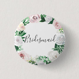 Chapa Redonda De 2,5 Cm Watercolor Floral White Green Bridesmaid
