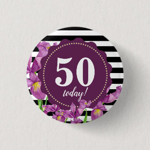 Chapa Redonda De 2,5 Cm Watercolor Púrpura Iris Floral Rayas Blancas Negra