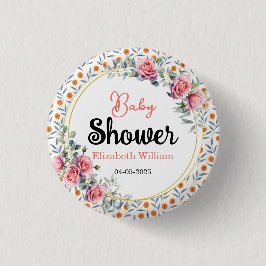 Chapa Redonda De 2,5 Cm Watercolor Roses & Eucalyptus Baby Shower