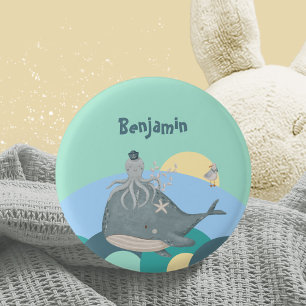 Chapa Redonda De 2,5 Cm Whimsical Nautical Whale Octopus Green Baby Shower