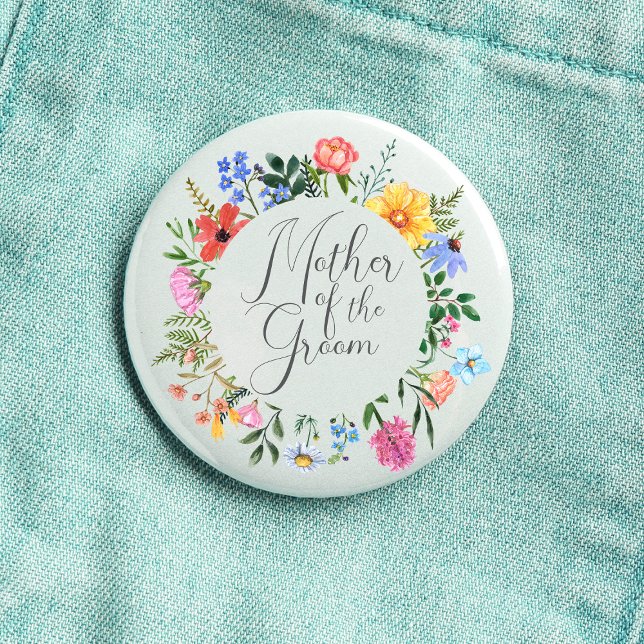 Chapa Redonda De 2,5 Cm Wildflower Madre del Novio Script Boda  (Mother of the Groom  Wildflower Watercolor Floral Wreath Wedding Button
)