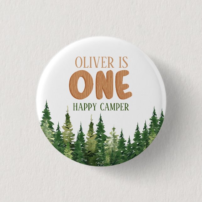 Chapa Redonda De 2,5 Cm Woodland Green Happy Camper First Birthday (Anverso)