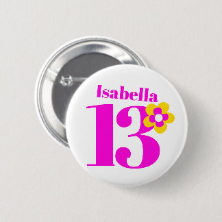 Chapa Redonda De 5 Cm 13.ª insignia/botón rosado de los chicas de cumple