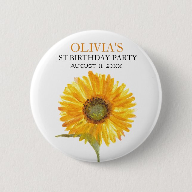Chapa Redonda De 5 Cm 1.ª Primera Fiesta de Cumpleaños Niña Girasol (Anverso)