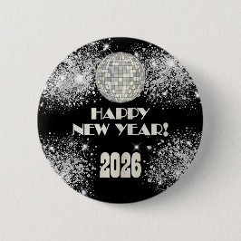 Chapa Redonda De 5 Cm 2026 Black Silver Glitter New Year's Eve Party