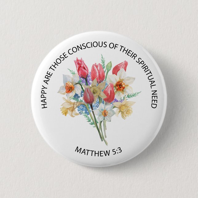 Chapa Redonda De 5 Cm 2026 JW Year Text Matthew 5v3 Spring Flowers (Anverso)