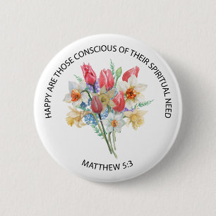 Chapa Redonda De 5 Cm 2026 Texto del Año JW Mateo 5v3 Flores de Primaver