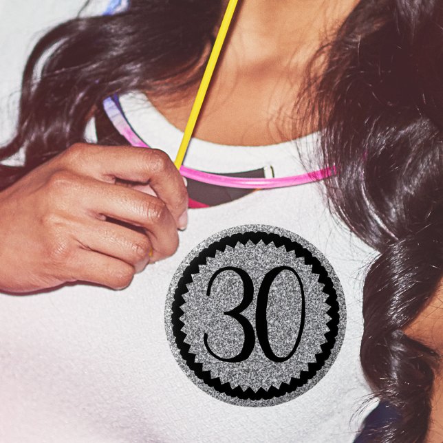 Chapa Redonda De 5 Cm 30.º Purpurina  Silver Fiesta (personalised 30th birthday party silver glitter birthday badge)