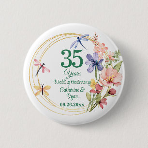 Chapa Redonda De 5 Cm 35º aniversario de bodas de coral marco dorado flo