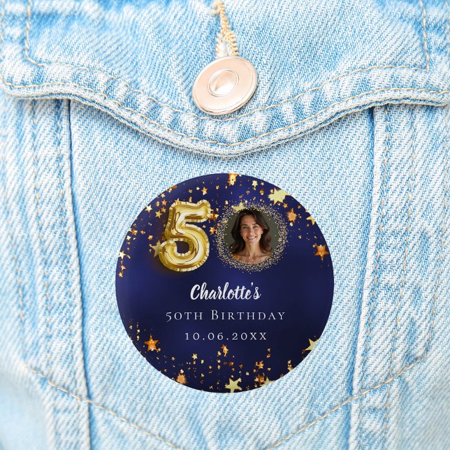 Chapa Redonda De 5 Cm 50.º cumpleaños estrellas de oro azul marino (Subido por el creador)