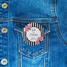 Chapa Redonda De 5 Cm 50 fabulosas rosas rosadas rayas blancas negras