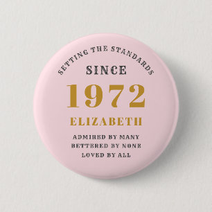 Chapa Redonda De 5 Cm 50th Birthday 1972 Elegant Gold Pink Grey