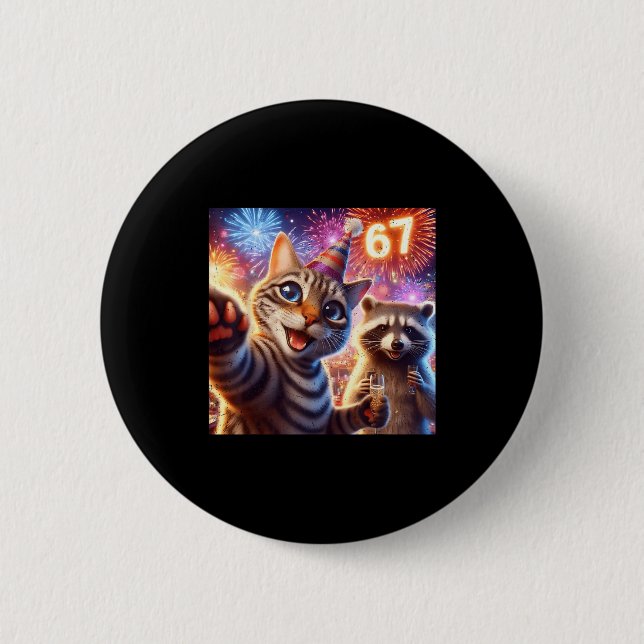 Chapa Redonda De 5 Cm 67 Meme Cat Raccoon New Year Selfie Funny Birthday (Anverso)
