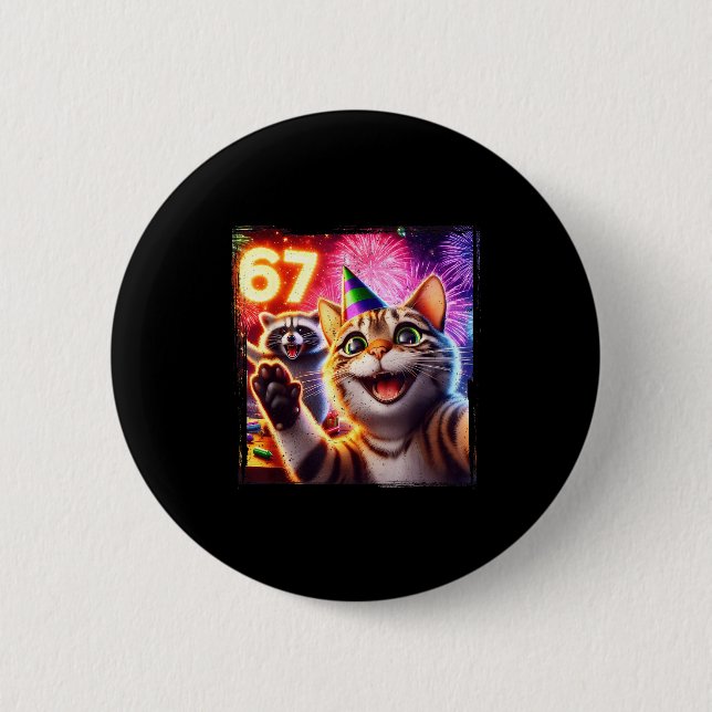 Chapa Redonda De 5 Cm 67 Meme Cat Raccoon New Year Selfie Funny Birthday (Anverso)