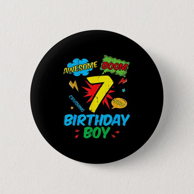 Chapa Redonda De 5 Cm 7 Birthday Boy Comic Cool 7th Bday Superhero Party (Anverso)
