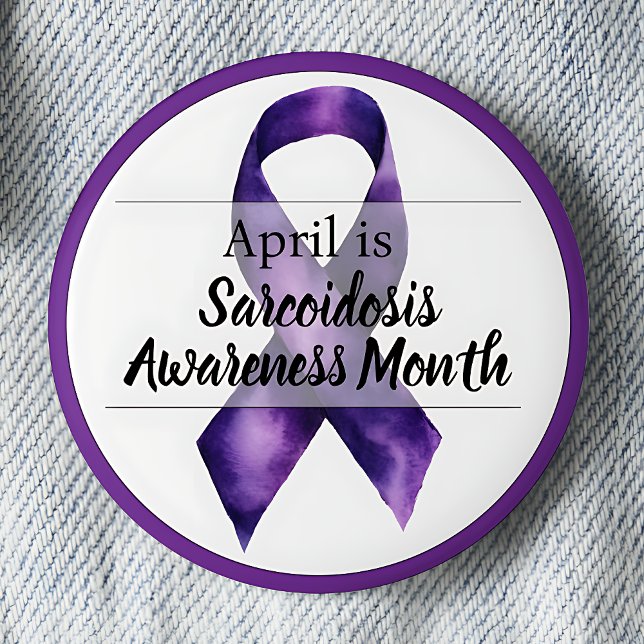 Chapa Redonda De 5 Cm Abril Mes de Conciencia sobre Sarcoidosis (April Purple Ribbon Sarcoidosis Awareness Month pinback button.)