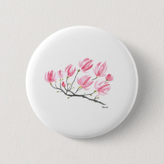 Chapa Redonda De 5 Cm Acuarela Pink Magnolia Naturaleza Botánica Floral (Anverso)