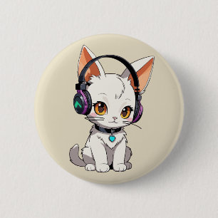 Chapa Redonda De 5 Cm Adorable gato kawaii con auriculares