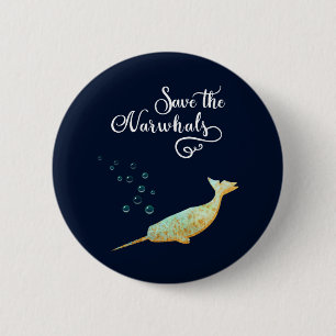 Chapa Redonda De 5 Cm Ahorre el Narwhals. Acuarela, arte de la